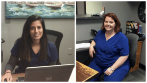 Two pictures of a woman, Reena Bhakta, in blue scrubs sitting in front of a laptop.