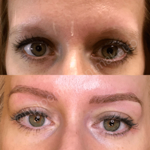 A woman's eyebrows before and after permanent makeup treatment.