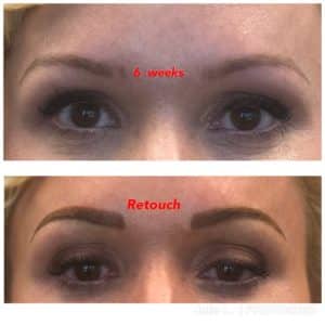 Before and after pictures showcasing brow enhancement through tattooing.