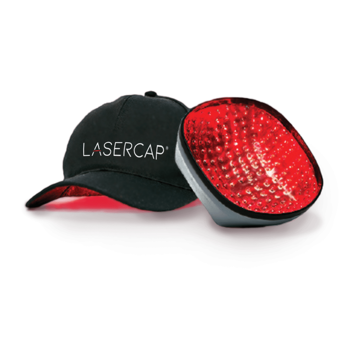 A red laser cap and a hat promoting lower level laser therapy.