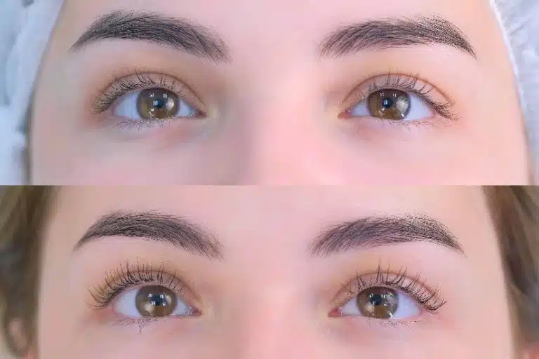 Before and after pictures of a woman's eyelashes, showcasing eye enhancement.