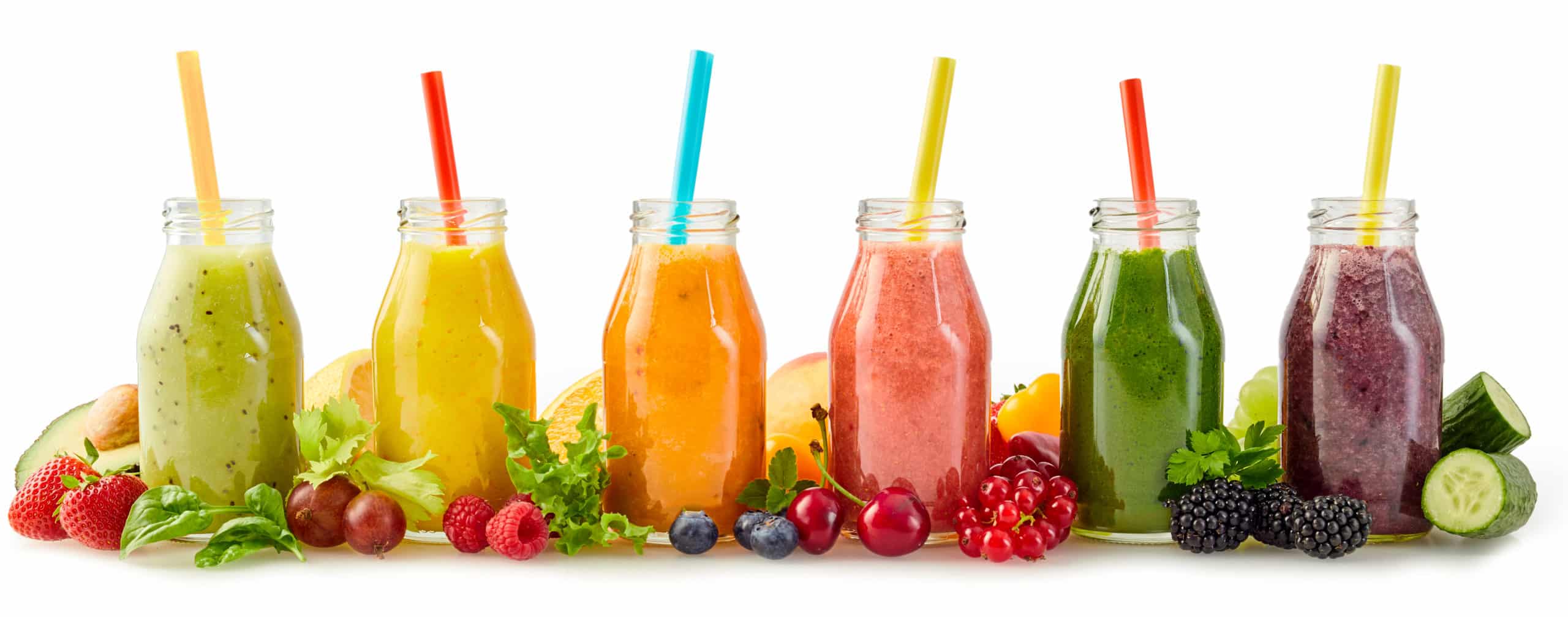 A row of fresh fruit healthy smoothies to try at home