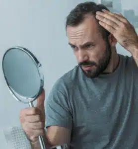 A man with alopecia looking at his hair in a mirror.
