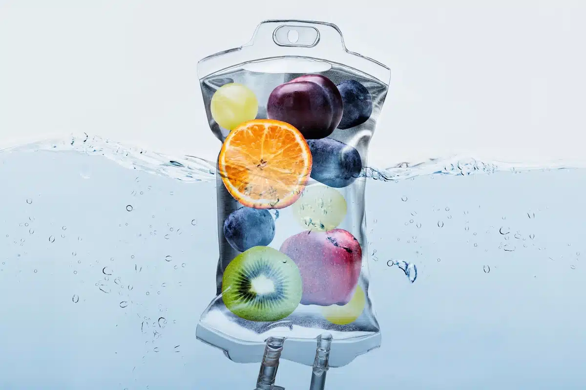 A bag filled with fruit floating in the water, used for hair IV therapy.