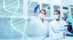 Two scientists conducting research in a laboratory with a DNA strand, exploring hair and IV therapy.