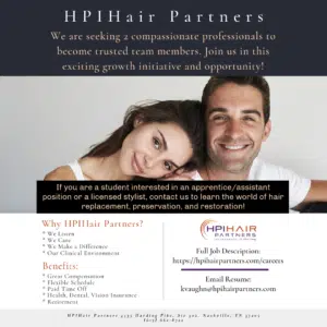 Flyer for Hp Hair Partners, featuring expert cosmetologists and barbers skilled in hair styling.
