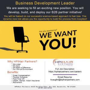 A flyer targeting barbers and cosmetologists for a hair replacement business development leader position.