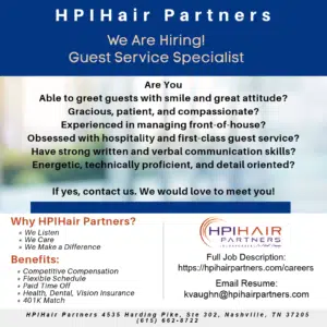 A flyer for HPI Hair Partners hiring a guest service specialist