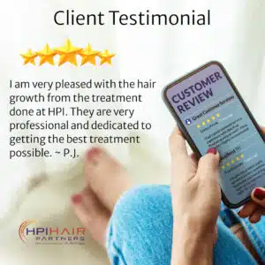 A client testimonial expressing their satisfaction with the hair growth they experienced from an "hp treatment.