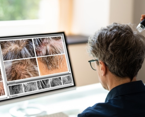 August is National Hair Loss Awareness Month, and during this time, a woman is carefully examining her hair on a computer screen.