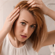 Woman looking in the mirror, gently touching her hair, conveying emotion and reflection