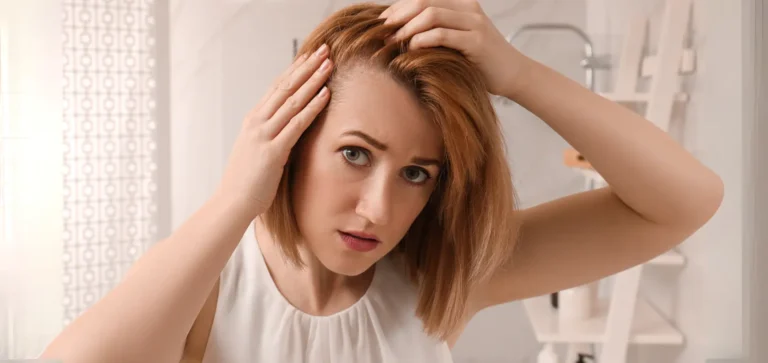 Woman looking in the mirror, gently touching her hair, conveying emotion and reflection